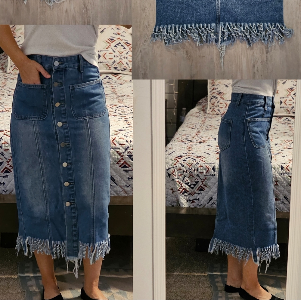 SOLD. New High Waist Fringe Jean Skirt